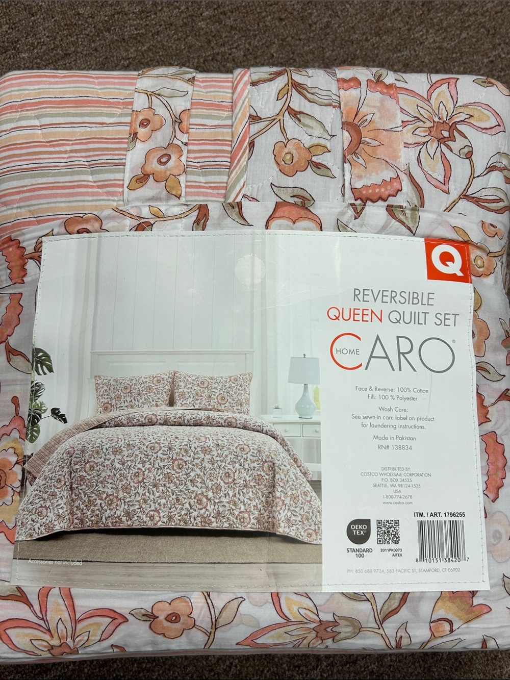 Peach Floral Reversible Queen Quilt Set